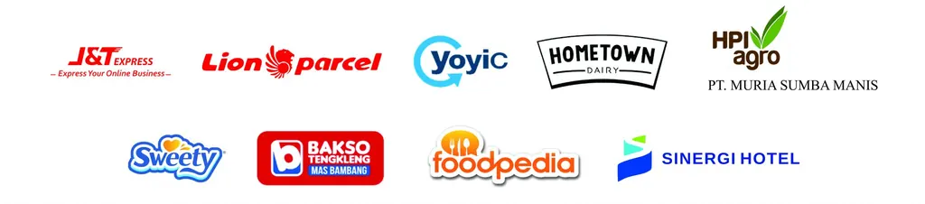 Logo klien CarrierGo: J&T Express, Lion Parcel, Yoyic, Hometown Dairy, HPI Agro, Sweety, Bakso Tengkleng, foodpedia, Sinergi Hotel